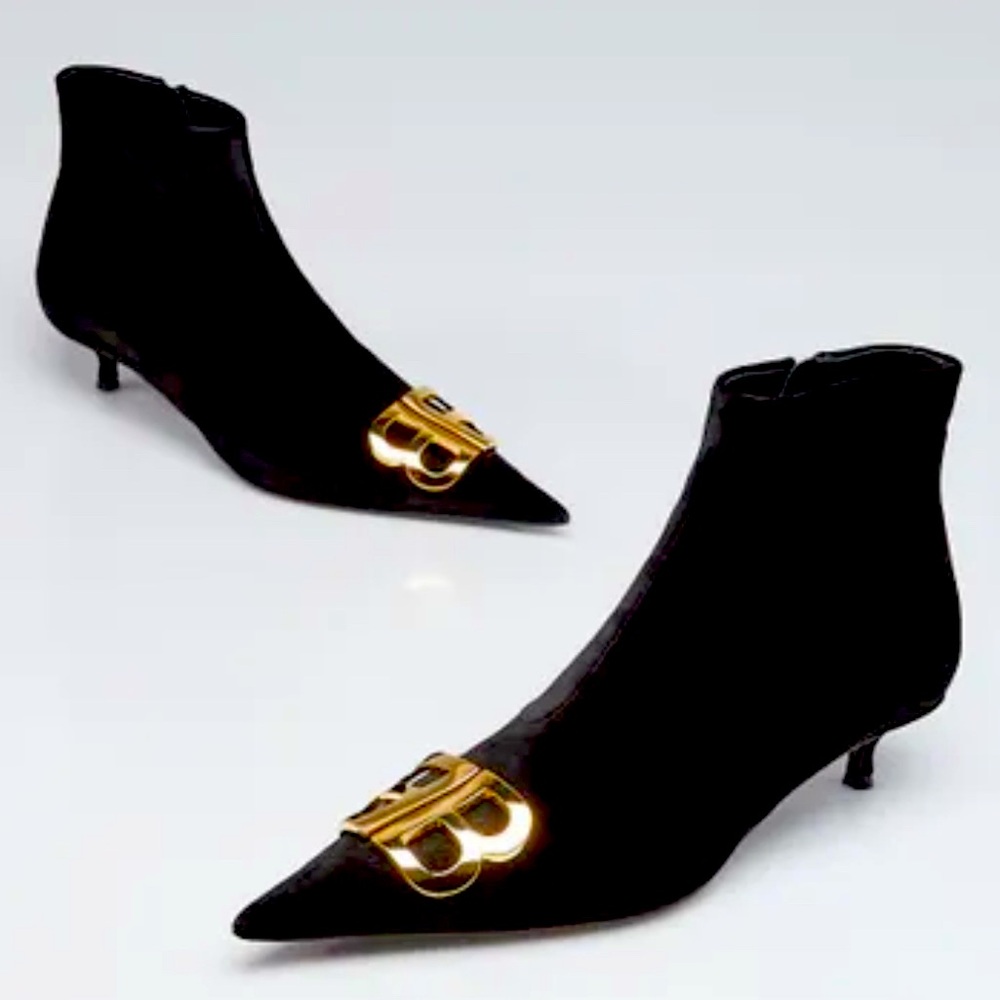 Balenciaga Black Velvet Leather Ankle Boots With Gold BB Logo Sz 41 11 10.5